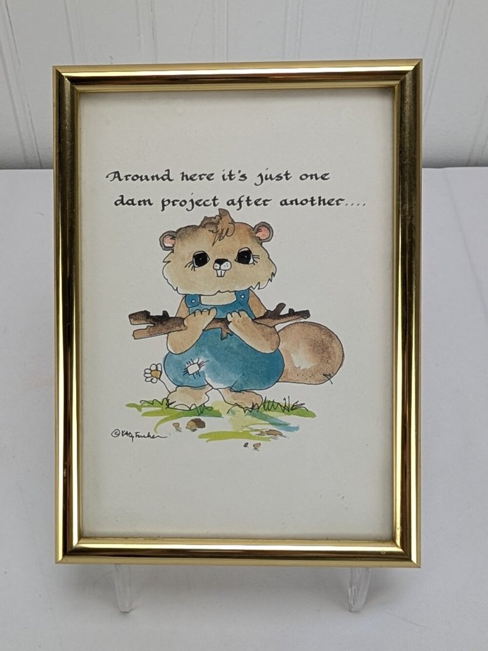 Vintage Katy Fischer Framed Photo Watercolor Calligraph Construction Beaver Dam